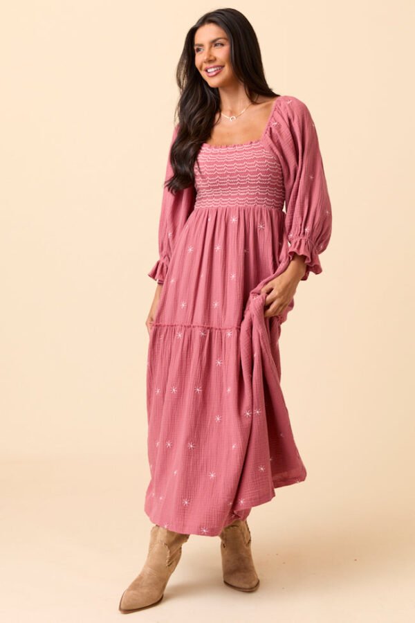 Dress To Impress Mauve Floral Stitched Smocked Top Dress