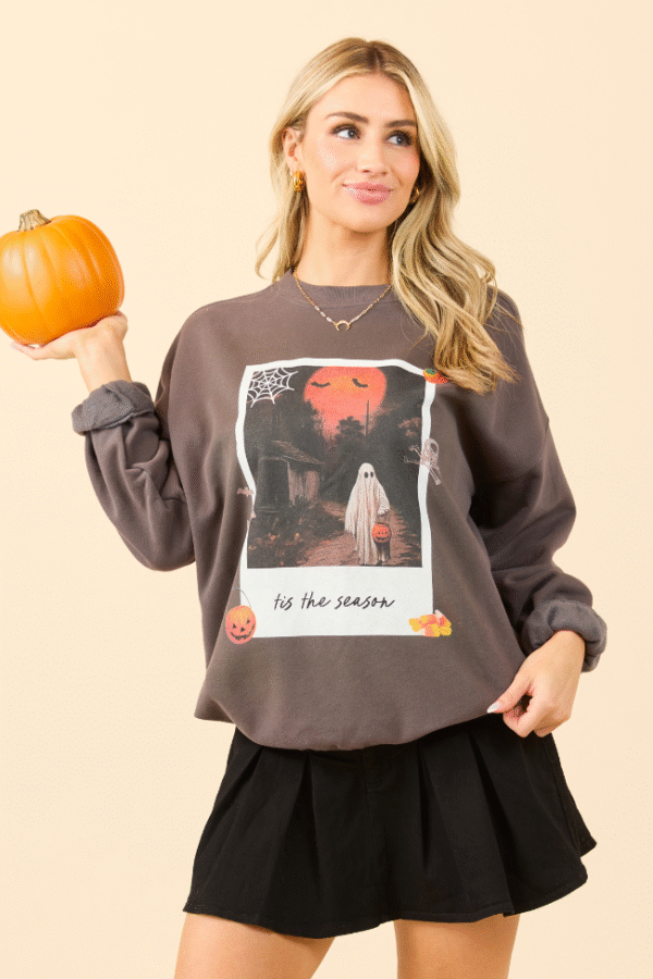 Tis The Season Halloween Photo Print Mocha Graphic Sweatshirt SALE