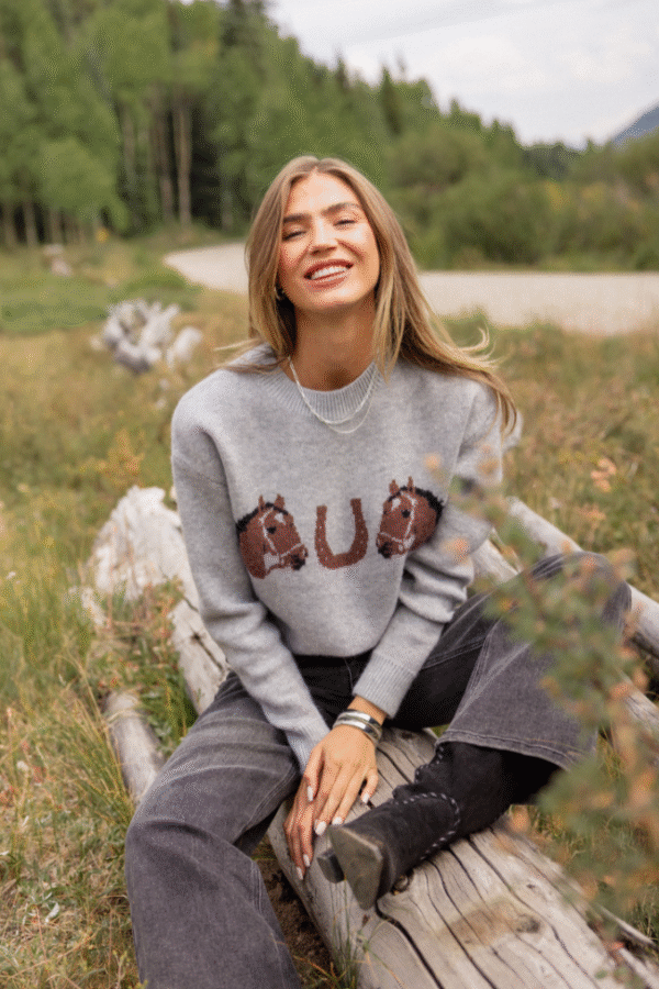 Montana Horse Motif Grey Knit Pullover Sweater
